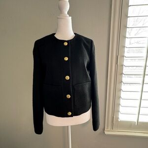 J. Crew Black Quilted Collarless Jacket with Gold Buttons